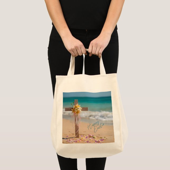 Bolso De Tela Happy Easter Wooden Cross with Lilies on Beach (Anverso (producto))