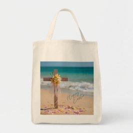 Bolso De Tela Happy Easter Wooden Cross with Lilies on Beach
