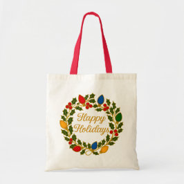 Bolso De Tela Happy Holidays Wreath Christmas Lights and Holly