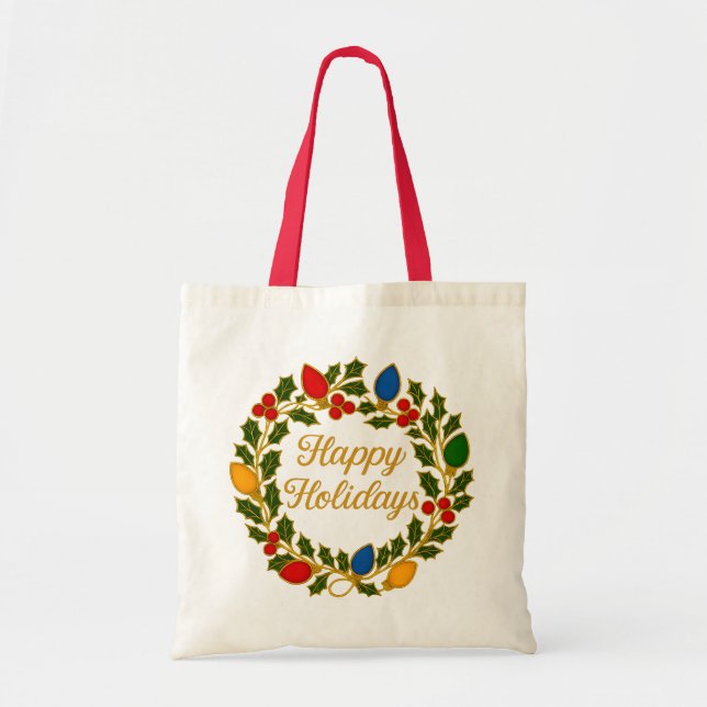 Bolso De Tela Happy Holidays Wreath Christmas Lights and Holly (Frente)