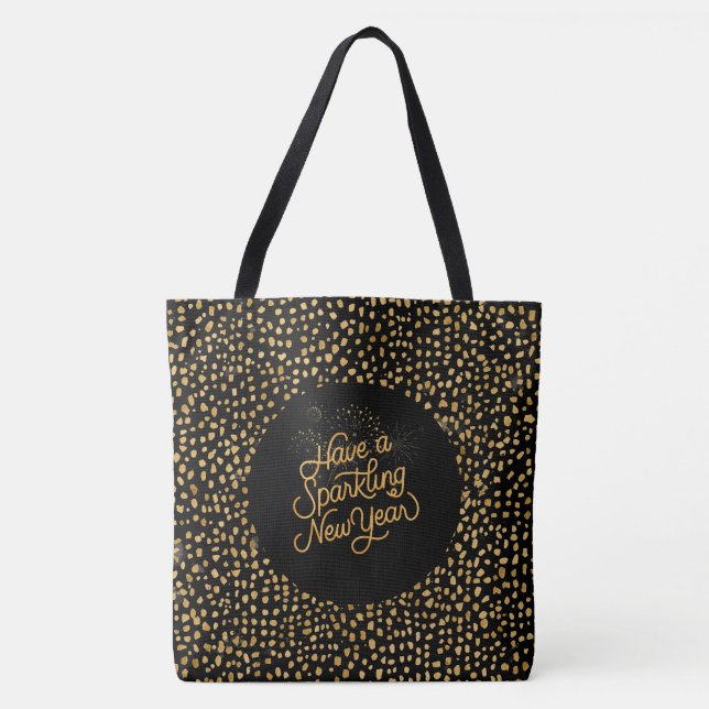 Bolso De Tela Happy New Year Celebrate,Gold Pixels Pattern (Anverso)