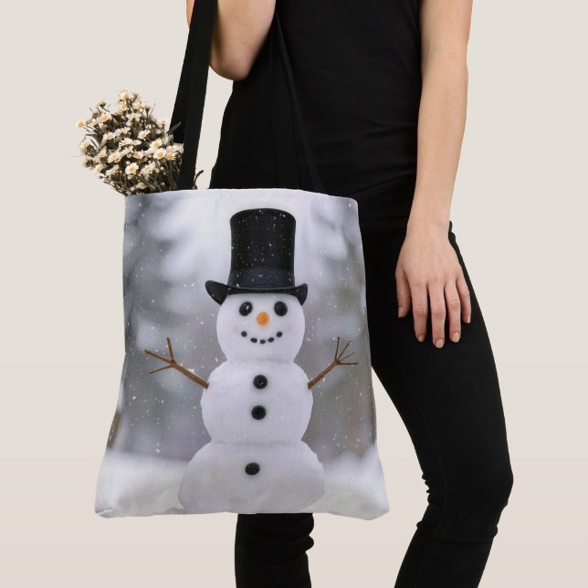 Bolso De Tela Happy Snowman Wearing a Top Hat (Detalle)