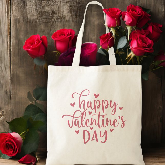 Bolso De Tela Happy Valentine's Day Pink Script & Hearts (Happy Valentine's Day Pink Script & Hearts Tote Bag)