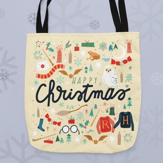 Bolso De Tela Harry Potter | Navidades felices con iconos festiv (Tote bag on snowflake background)