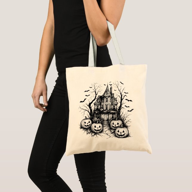 Bolso De Tela Haunted House Black and White Halloween (Anverso (producto))