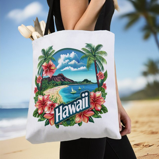 Bolso De Tela Hawaii Beach Mountains Flores tropicales arte de v (Hawaii Beach Mountains Tropical Flowers Travel Art Tote Bag)