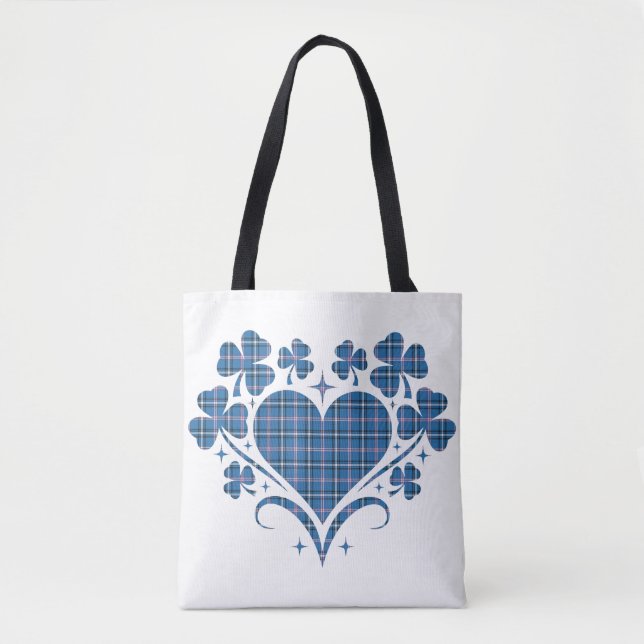 Bolso De Tela Heart Shamrock Plaid Blue Classic Clover (Anverso)