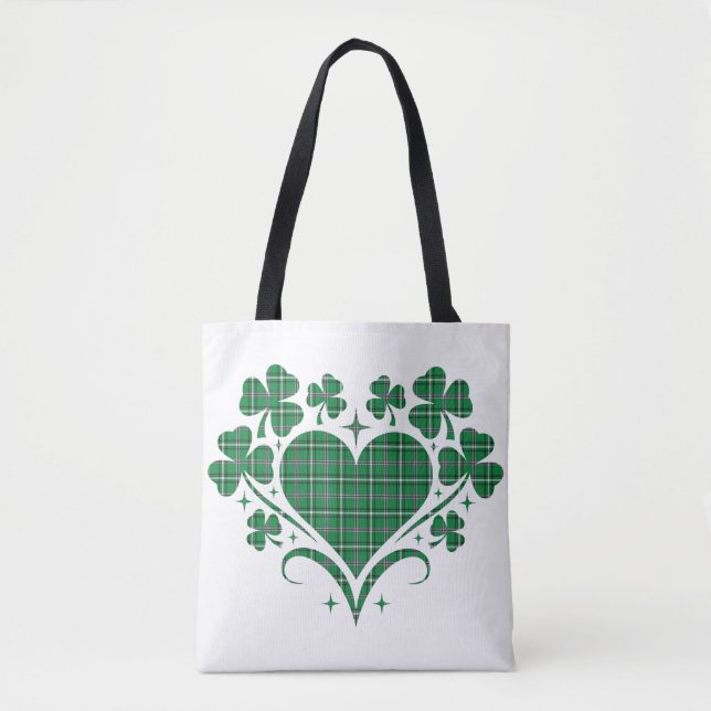 Bolso De Tela Heart Shamrock Plaid Green Classic Clover (Anverso)