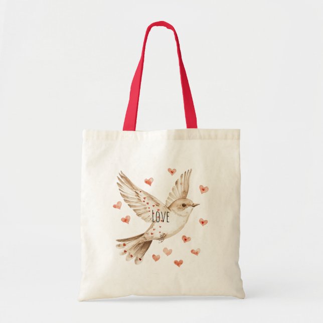 Bolso De Tela Hearts Love Bird Roses Floral (Frente)