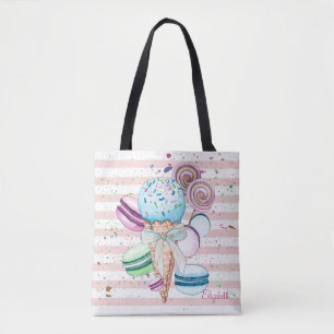 Bolso De Tela Helado de acuarela,Macarrones,Rayas rosadas