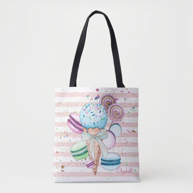 Bolso De Tela Helado de acuarela,Macarrones,Rayas rosadas (Anverso)