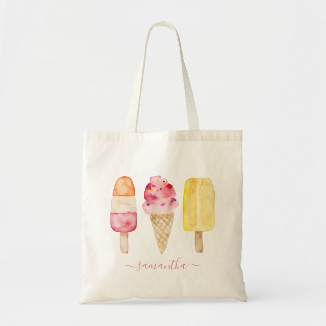 Bolso De Tela Helado de paleta rosa amarilla acuarela (Frente)