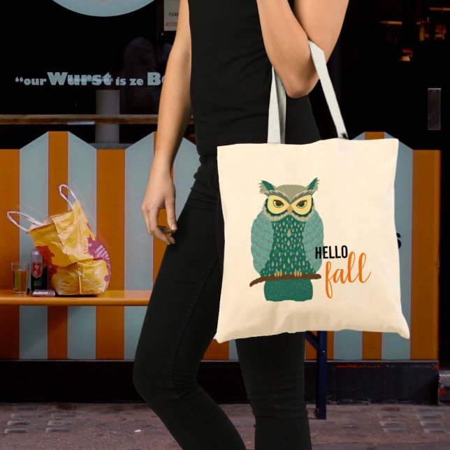 Bolso De Tela Hello Fall Teal Owl Animal Design Tote Bag (Subido por el creador)