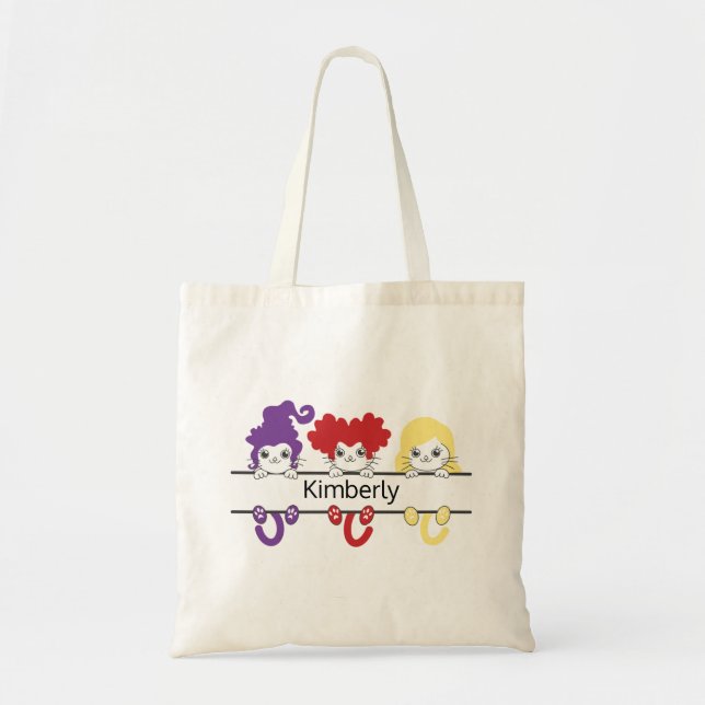 Bolso De Tela Hermana Bruja Kawaii Monograma Nombre Gatos (Frente)