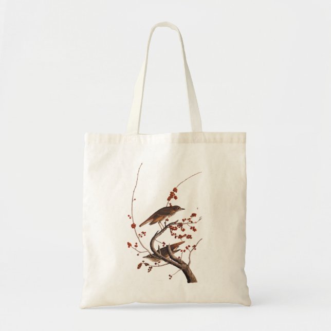 Bolso De Tela Hermit Thrush Audubon Bird con Berries Rojas (Frente)