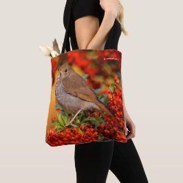 Bolso De Tela Hermit Thrush Songbird en Scarlet Firethorn