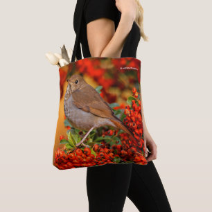 Bolso De Tela Hermit Thrush Songbird en Scarlet Firethorn