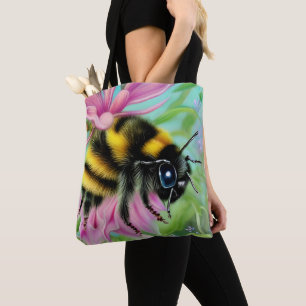 Bolso De Tela Hermosa abeja en una flor rosa cerca