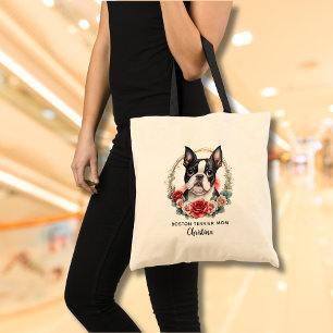 Bolso De Tela Hermosa corona floral de madre de perro de Boston