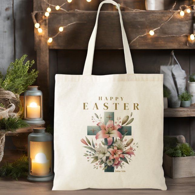 Bolso De Tela Hermosa Cruz Floral Feliz Pascua Cristiana (Beautiful Floral Cross Happy Easter Christian Tote Bag)