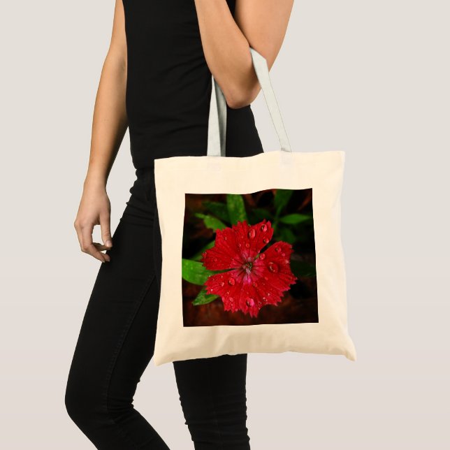 Bolso De Tela Hermosa Flor Roja Con Gotas De Lluvia (Anverso (producto))