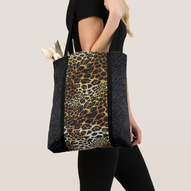 Bolso De Tela Hermosa impresión falsa de cuero negro y leopardo (Detalle)