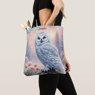 Bolso De Tela Hermosa Lechuza de Nieve, flores rosas. Nombre mod
