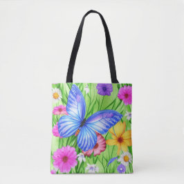 Bolso De Tela Hermosa mariposa azul con flores acuarela