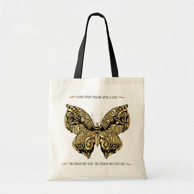 BOLSO DE TELA HERMOSA MARIPOSA DE ORO Y PURPURINA NEGRO (Frente)