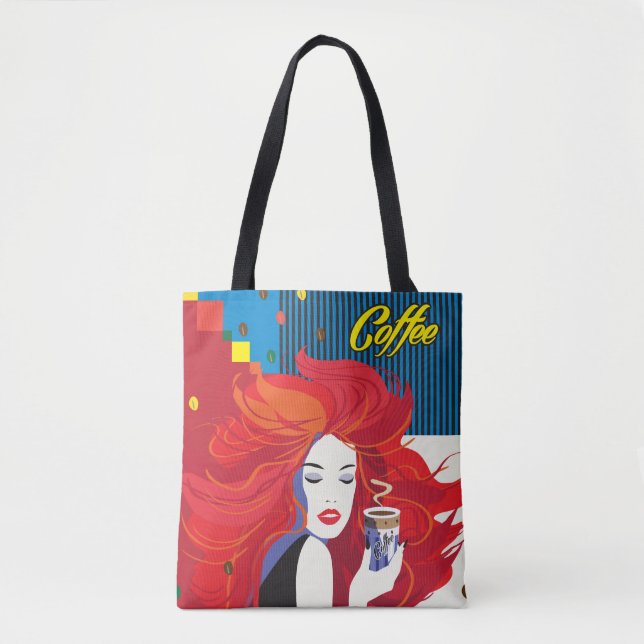 Bolso De Tela "Hermosa mujer de moda con Copa de Café" Arte pop (Anverso)