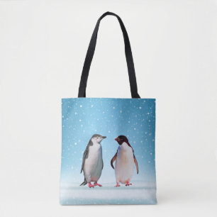 Bolso De Tela Hermosa pareja de pingüinos en azul claro