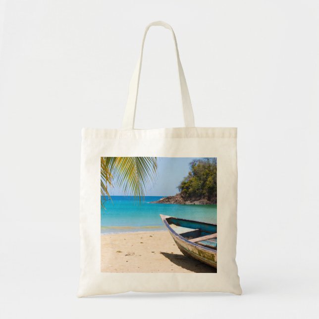 Bolso De Tela Hermosa playa tropical con lancha (Frente)