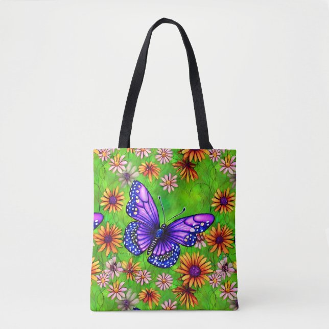 Bolso De Tela Hermosa pradera de mariposa morada (Anverso)