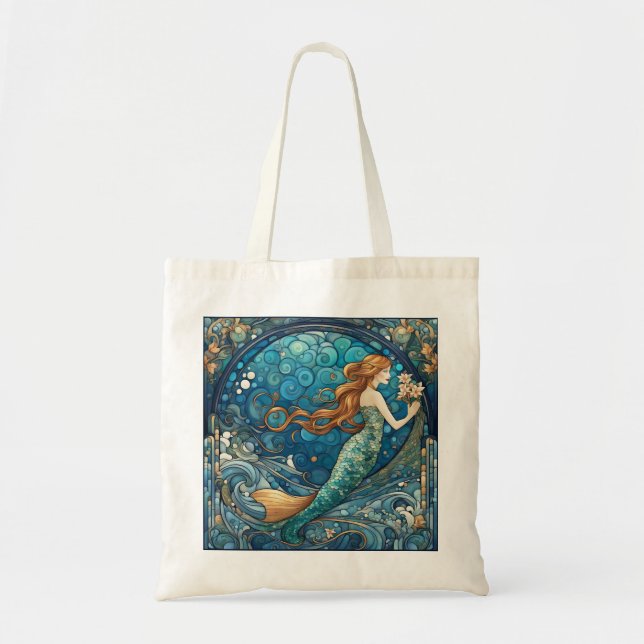 Bolso De Tela Hermosa Sirena Art Nouveau Art Decó Estilo Azul (Frente)