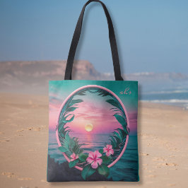 Bolso De Tela Hermosa Wreath rosa-Verde azulada de flores tropic