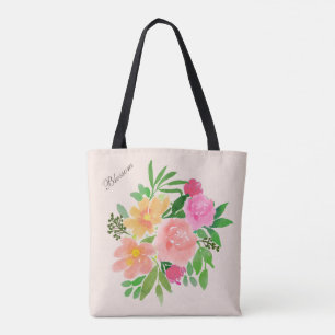 Bolso De Tela Hermosas flores acuarelas sobre marfil