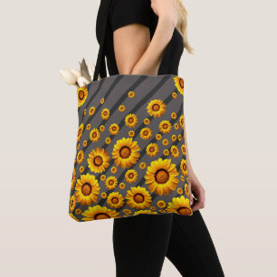 Bolso De Tela Hermosas flores amarillas sobre rayas grises y neg