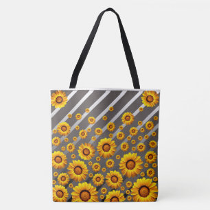 Bolso De Tela Hermosas flores amarillas sobre rayas grises y pla