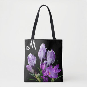 Bolso De Tela hermosas flores de croco púrpura en monograma M