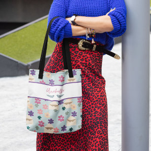 Bolso De Tela Hermosas flores violetas y sobres con nombre