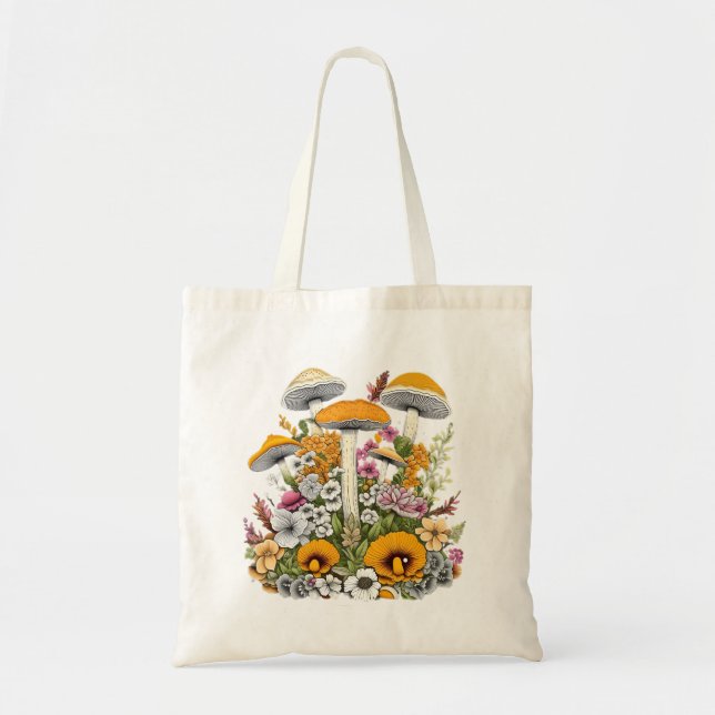 Bolso De Tela Hermosas Flores Y Hongos (Frente)