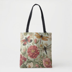 Bolso De Tela Hermosas flores y libélulas de época