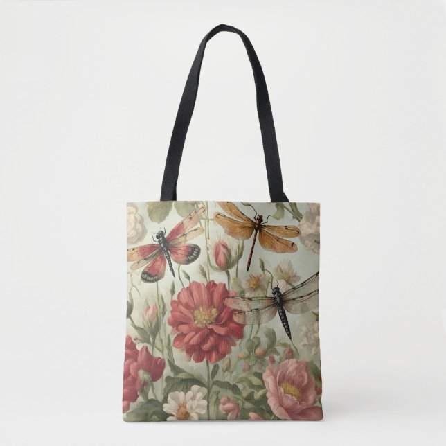 Bolso De Tela Hermosas flores y libélulas de época (Anverso)