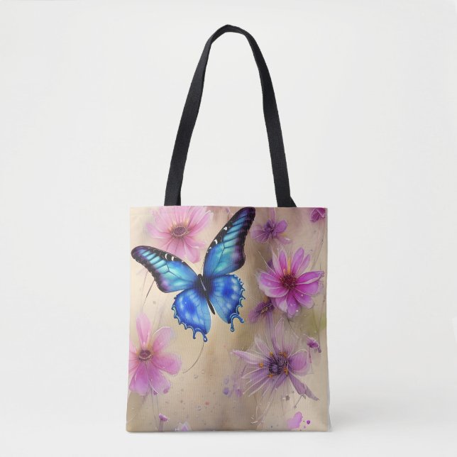 Bolso De Tela Hermosas flores y mariposa (Anverso)