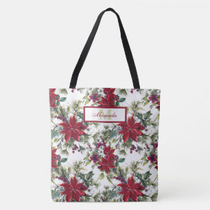Bolso De Tela Hermosas Poinsettias Rojas y Flores Blancas