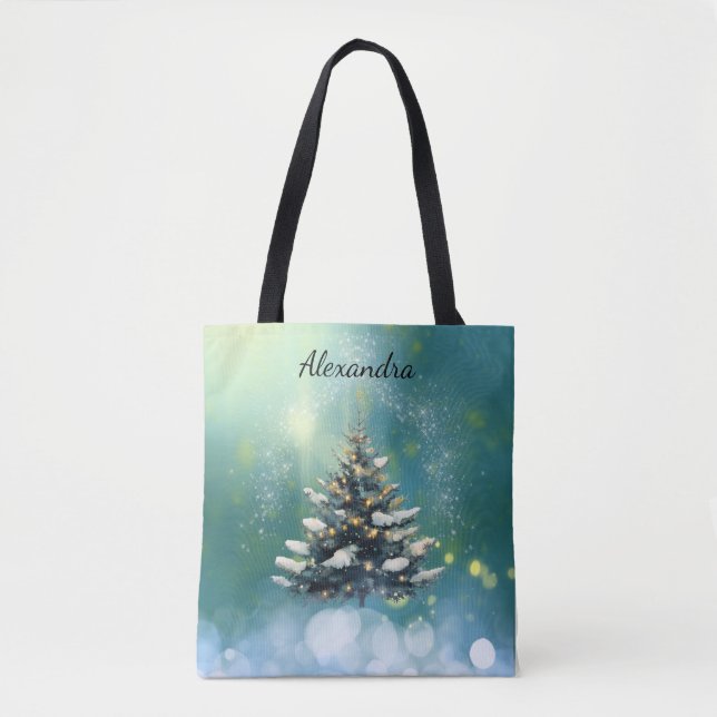 Bolso De Tela Hermoso árbol de Navidad con nieve y luces de oro (Anverso)