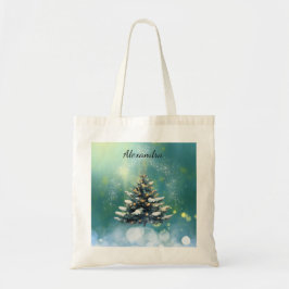 Bolso De Tela Hermoso árbol de Navidad con nieve y luces de oro