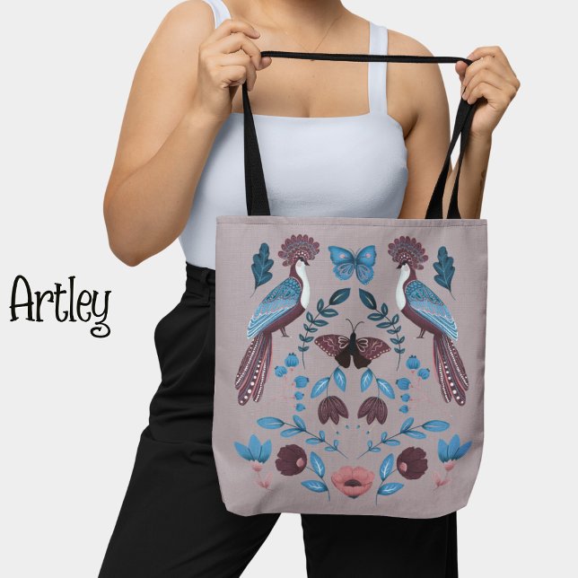 Bolso De Tela Hermoso arte popular morado pavo real floral (Subido por el creador)