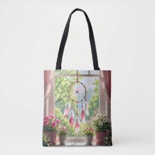 Bolso De Tela Hermoso atrapasueños rosa y plantas en el alféizar