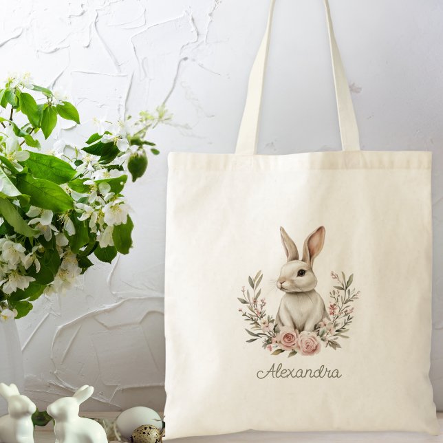Bolso De Tela Hermoso Bunny Custom Name (A cute alternative to an Easter basket, or use it anytime for books, groceries and more.)
